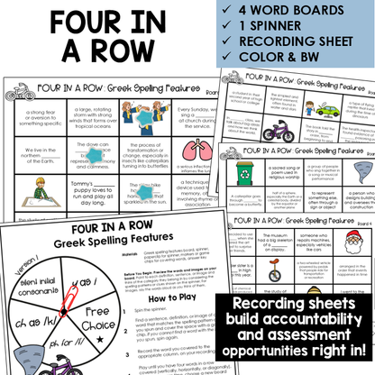 Four in a Row word boards and spinner for Greek spelling features
