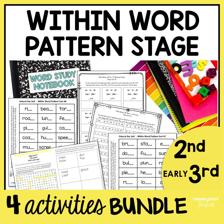 Engaging spelling activities bundle for students in the Within Word Pattern Stage includes word searches, word study notebook activities, spelling homework, and a fill-in-the-blank spelling activities covering all Within Word Pattern units.