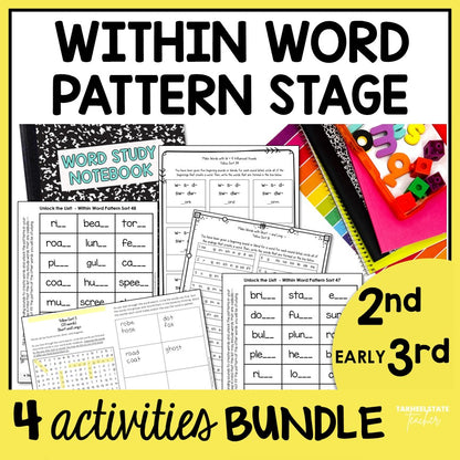Engaging spelling activities bundle for students in the Within Word Pattern Stage includes word searches, word study notebook activities, spelling homework, and a fill-in-the-blank spelling activities covering all Within Word Pattern units.