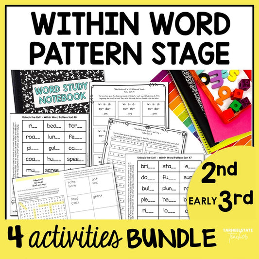 Engaging spelling activities bundle for students in the Within Word Pattern Stage includes word searches, word study notebook activities, spelling homework, and a fill-in-the-blank spelling activities covering all Within Word Pattern units.