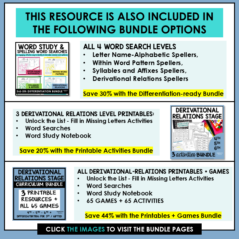 Derivational Relations Stage Activities Words Their Way Word Search | Wordsearch 4th 5th 6th Grade Spelling Activities