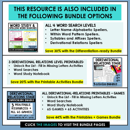Derivational Relations Stage Activities Words Their Way Word Search | Wordsearch 4th 5th 6th Grade Spelling Activities