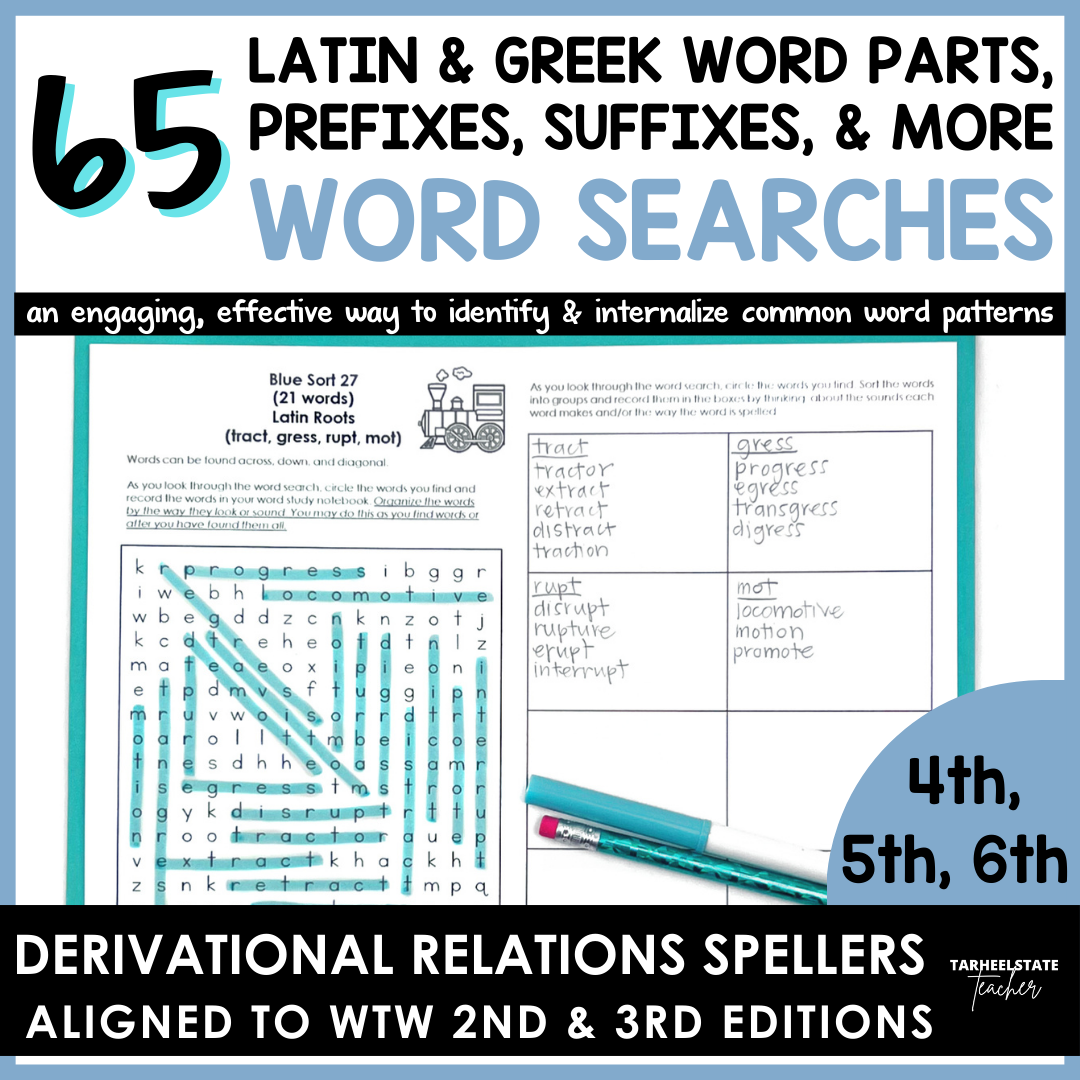 Word search activity bundle for spellers in the Derivational Relations stage studying Latin and Greek roots, prefixes, suffixes, and more.