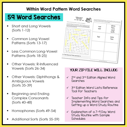 Within Word Pattern spelling word search activities for students practicing short and long vowels, less common long-vowel patterns, r-controlled vowel patterns, diphthongs and ambiguous vowel patterns, beginning and ending complex consonants, and homophones.