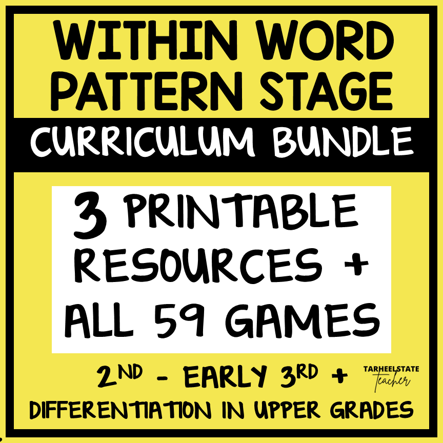 Spelling activities, games, worksheets, and resources for students in the Within Word Pattern Stage - word study notebook, word searches, fill-in-the-blank activities, spelling homework packets, and engaging partner games and independent centers.
