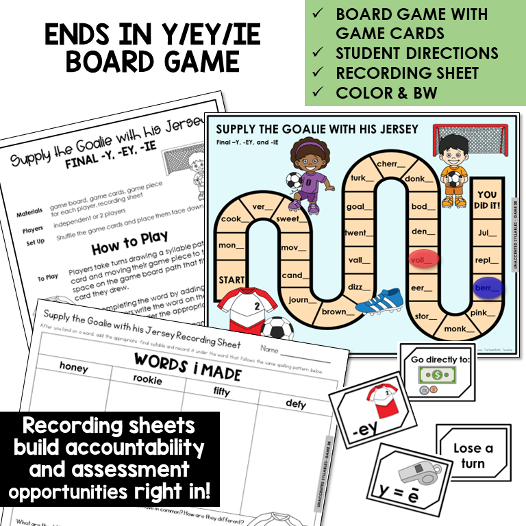 Supply the Goalie With His Jersey Board Game for final -Y, -EY, and -IE, with recording sheet