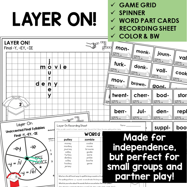Layer On! word building activity for final -Y, -EY, and -IE