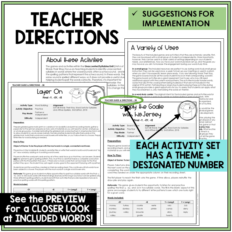 Teacher directions for final -Y, -EY, and -IE games