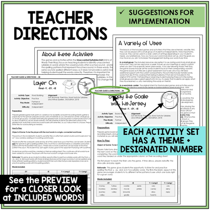 Teacher directions for final -Y, -EY, and -IE games