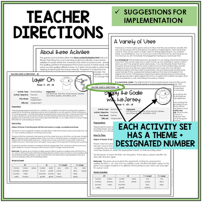 Teacher directions and suggestions for implementation, final -Y, -EY, and -IE